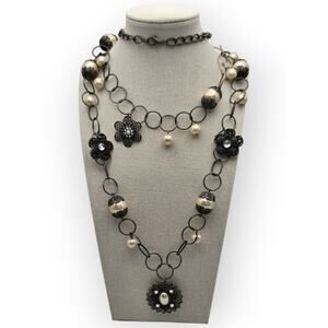 Black Filigree Pearl Floral Layered Necklace Long Double Strand Victorian Gothic